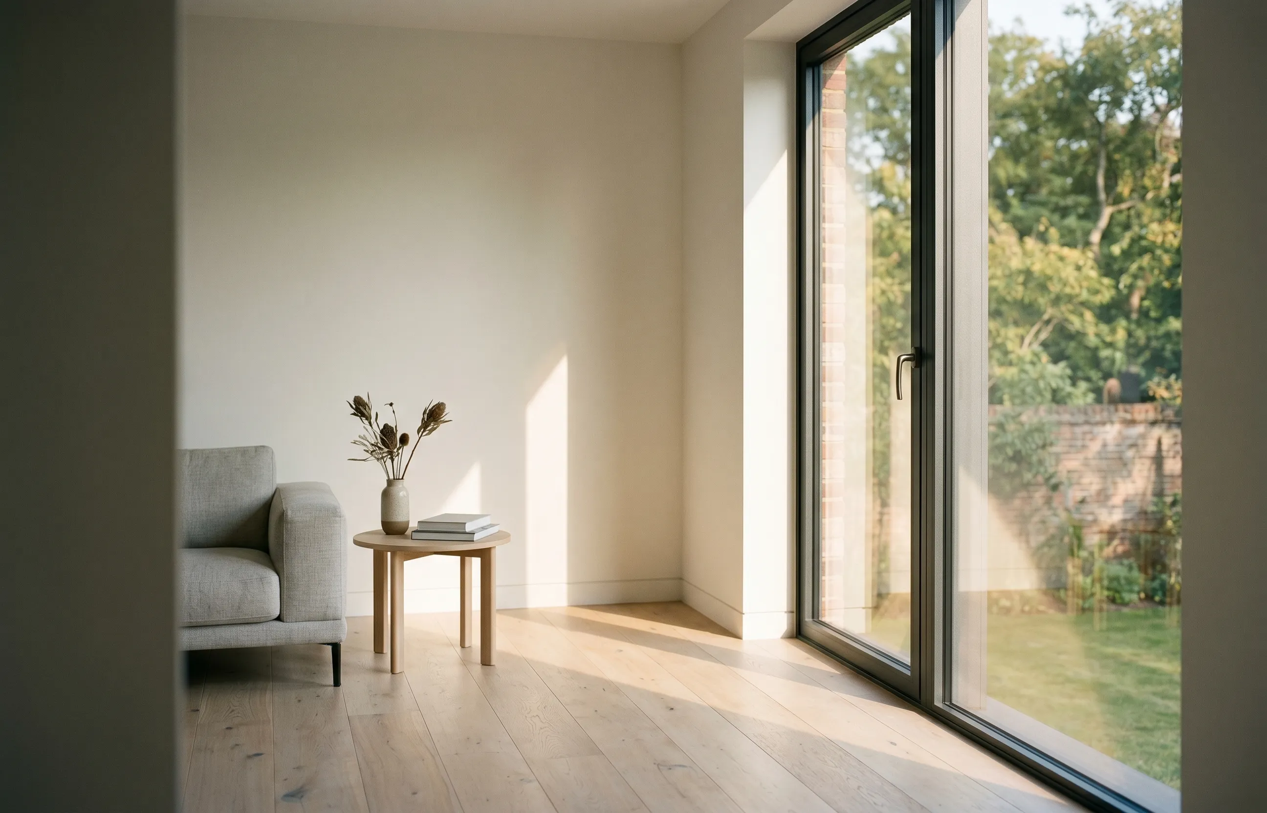 A row of new white window frames with glass panes are displayed vertically.