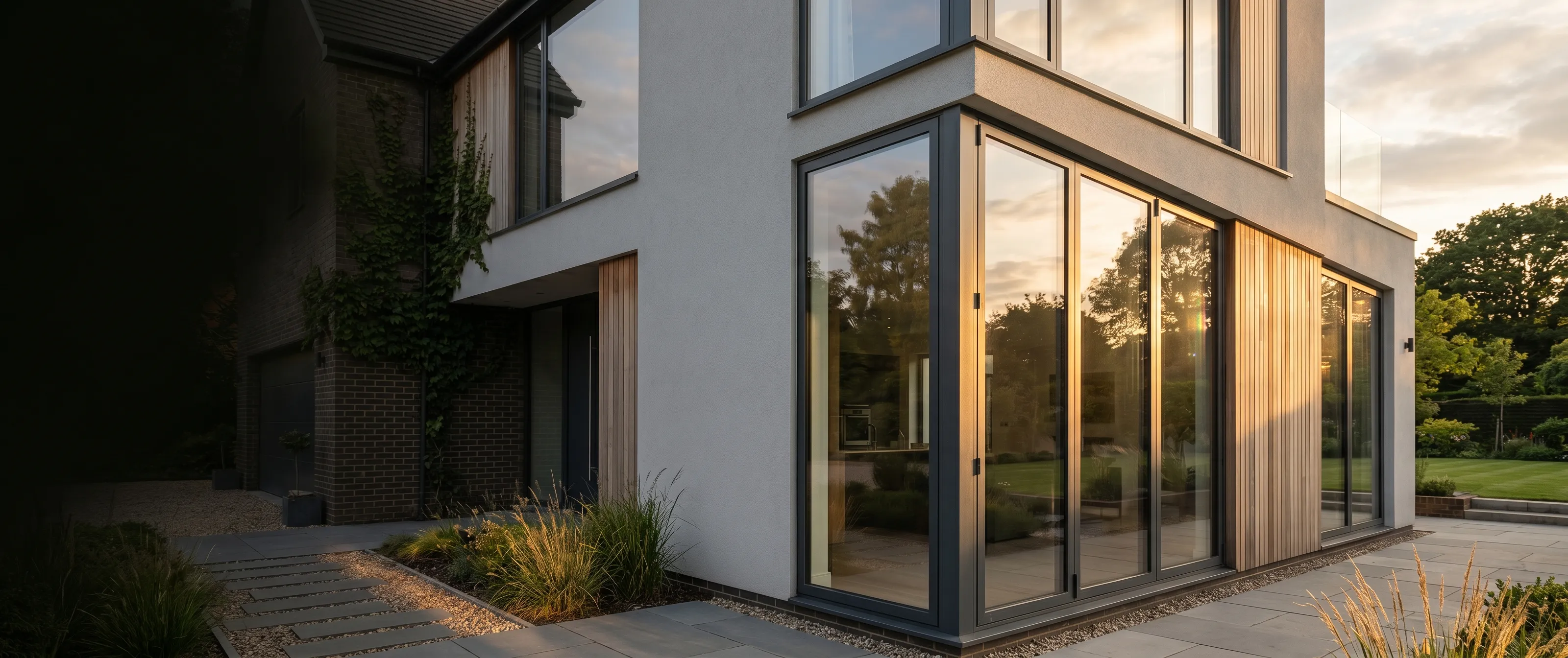 a modern building with a facade of reflective panels and dark-framed windows or doors.