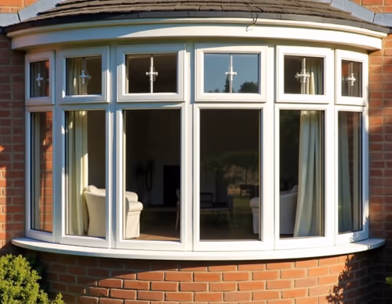 White-framed bay window on a red brick residential exterior.