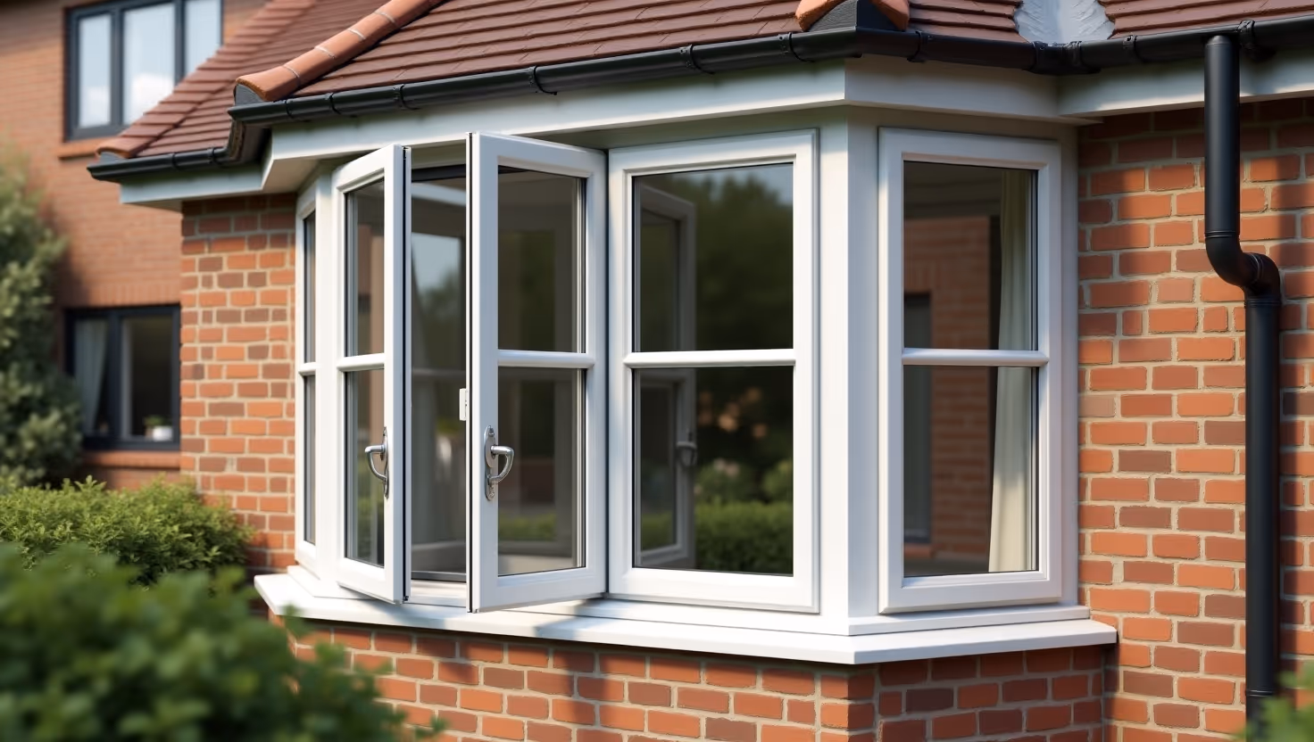 A large white UPVC bay window, featuring multiple casement windows within its structure, extends from the brick exterior of a house.