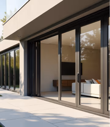  A large, dark-framed sliding glass door with a single panel, showcasing a clear reflection of a white wall.