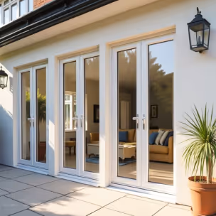  White UPVC French doors, flanked by fixed side windows, lead to a patio and offer a glimpse of a brightly decorated living room.