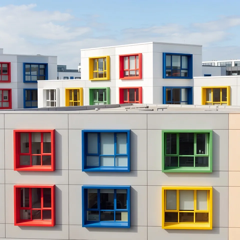 Colorful window frames on apartment building facade.