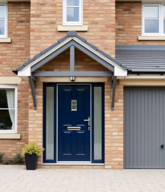 A newly built semi-detached house with red brick walls, a dark gray roof, a white-framed bay window, and a bright blue composite front door.