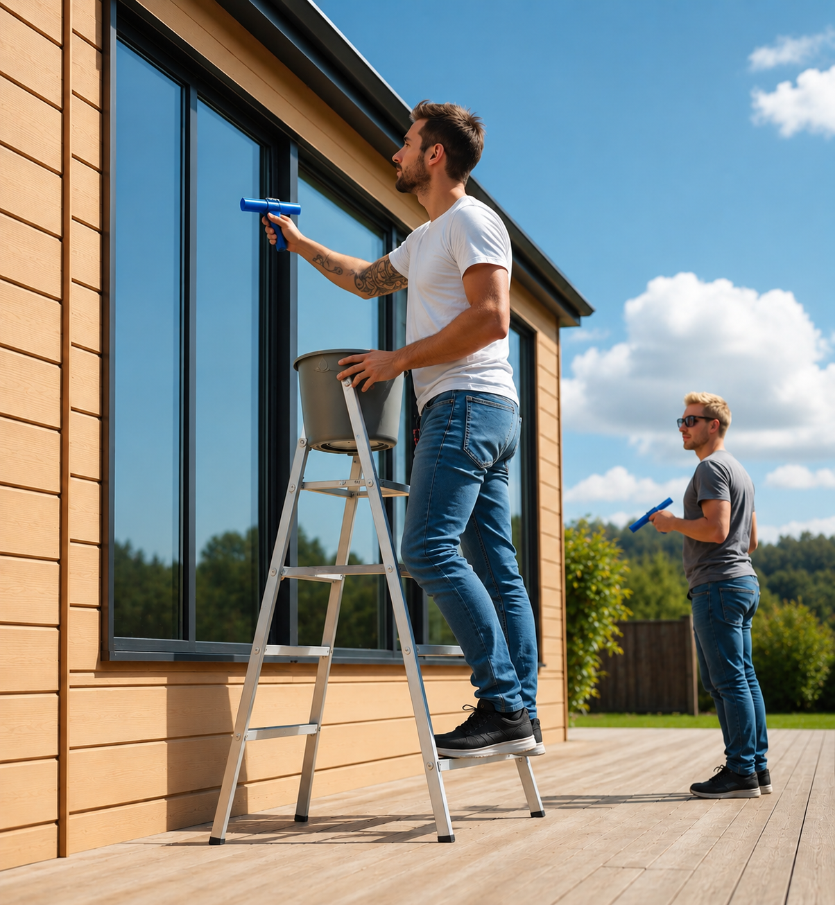 Two workers cleaning exterior windows on a sunny day.