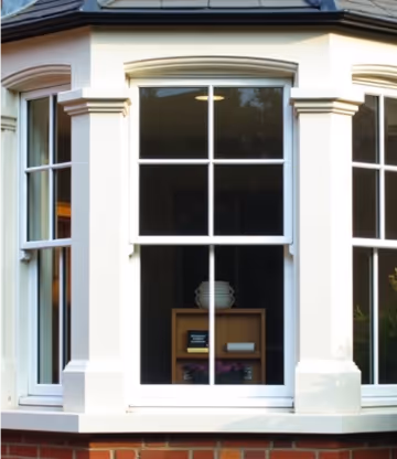  A close-up of a white UPVC vertical sliding sash window with Georgian bars.