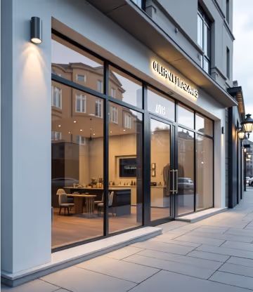  A modern storefront with large glass windows and doors, showcasing a stylish interior with furniture and reflections of an old building across the street.