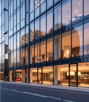  A multi-story glass-fronted building, possibly an office or library, with warm lighting illuminating the interior spaces where people are visible.