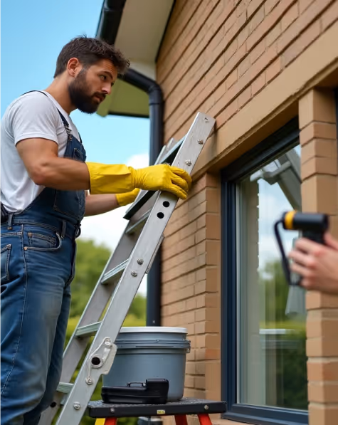 A person in overalls and gloves stands on a ladder, working on a window, while another holds a flashlight nearby.