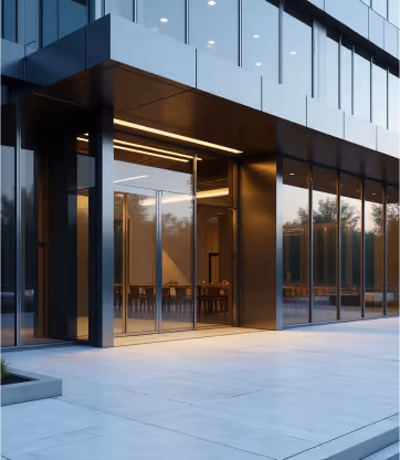 Entrance to a contemporary office building featuring large glass doors and windows framed in dark metal, with warm lighting illuminating the interior.