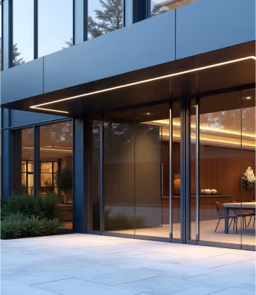 A modern building with a dark facade and a bright horizontal light strip above large glass sliding doors, leading to an illuminated interior.