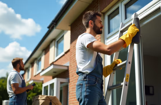 Two men are outside a brick building, with one on a ladder wearing yellow gloves and cleaning a window, and the other standing nearby.