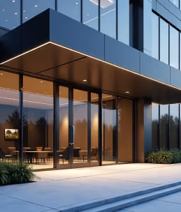 A wide, modern building entrance with large glass panels, a dark overhang, and interior lighting visible through the reflections.