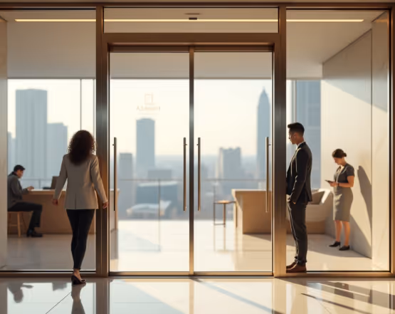 Inside a modern office building with a city skyline view, several professionals are seen through a large glass entrance.