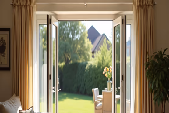  A bright, modern interior view of white UPVC French doors, partially open to an outdoor space.