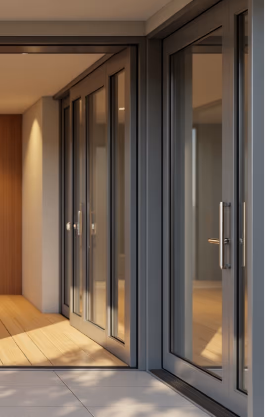 Folding glass doors leading to a modern interior space.