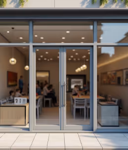  A blurry view through a modern glass storefront and double doors, showing a busy restaurant or cafe interior with people seated at tables.
