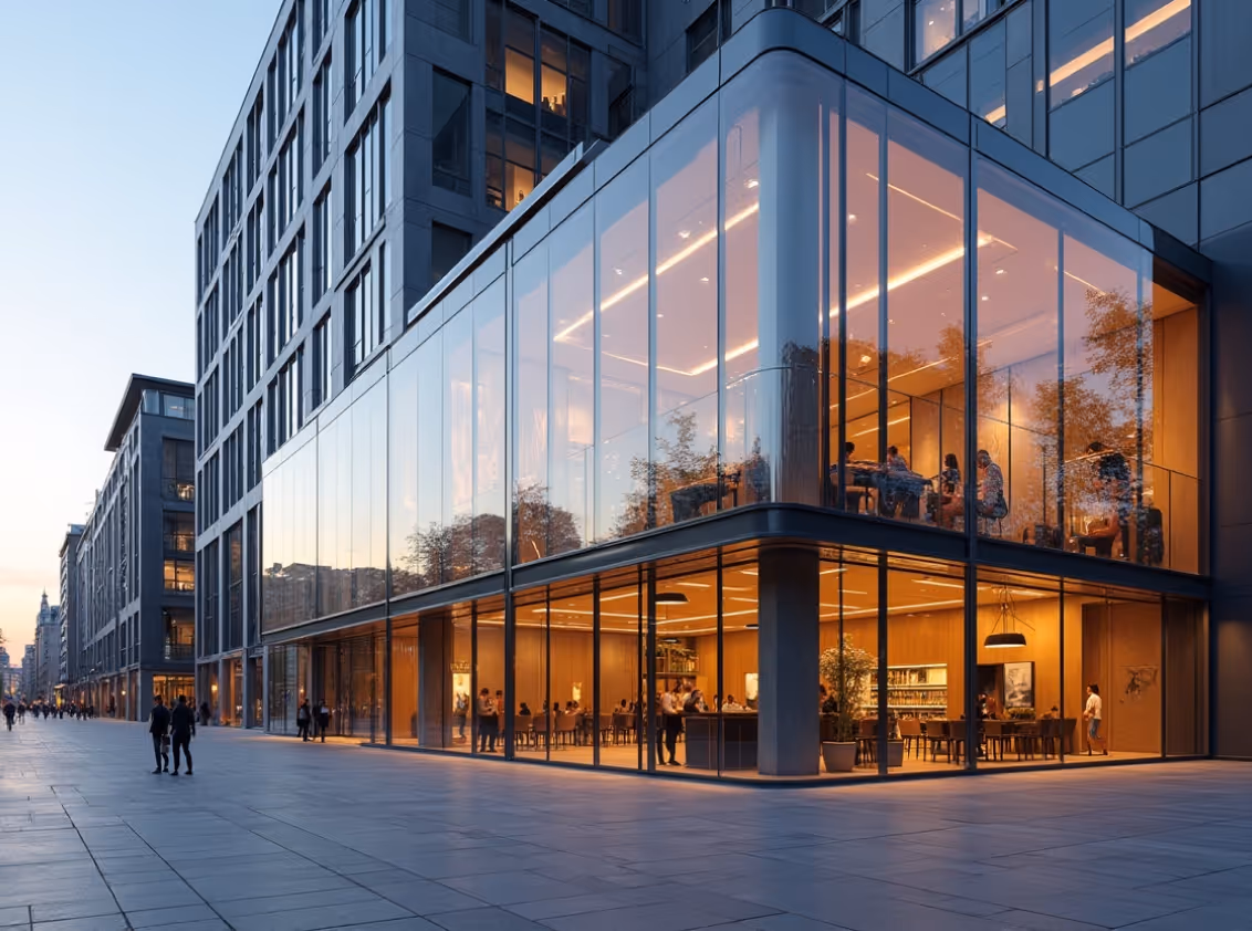 A large modern glass-fronted building with a brightly lit interior, serving as a commercial or office space with a visible cafe or restaurant area on the ground floor.