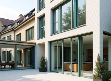  A modern house with a light-colored facade, featuring large green-framed windows and sliding glass doors that open to a patio with outdoor furniture.