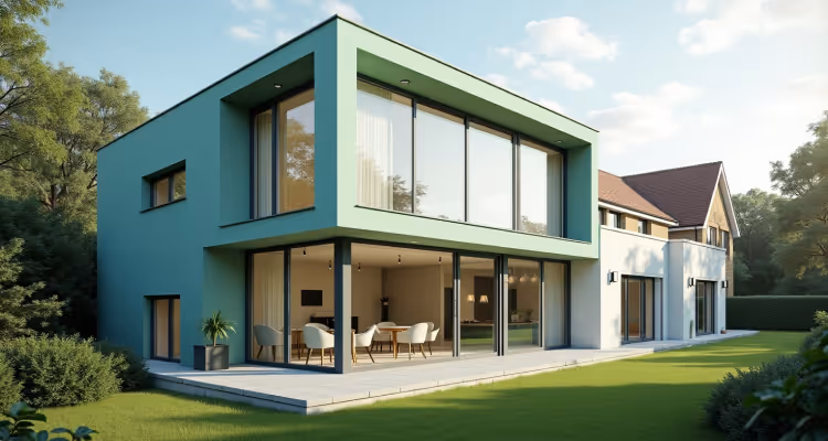 Modern mint-green house with large windows, next to a traditional white house.