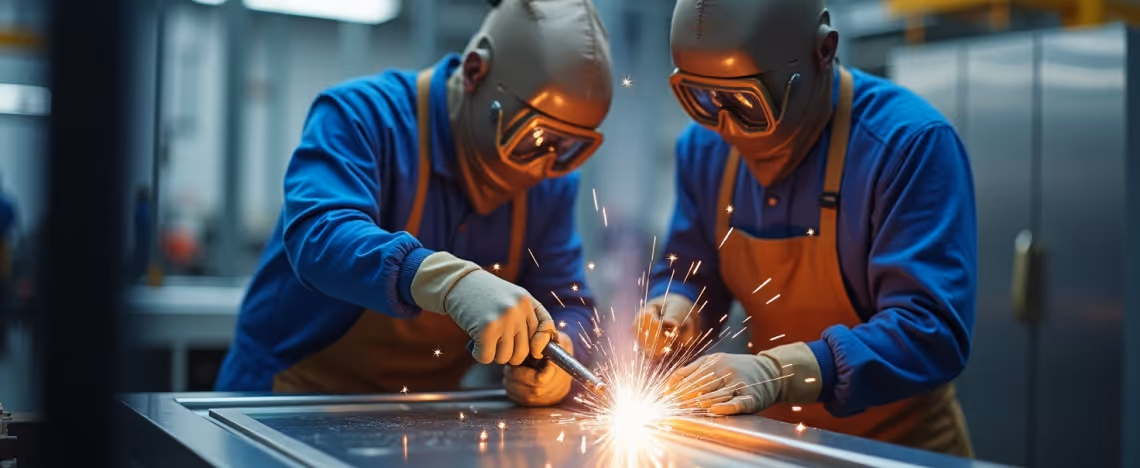 wo welders wearing safety gear work on a metal surface, creating bright sparks.