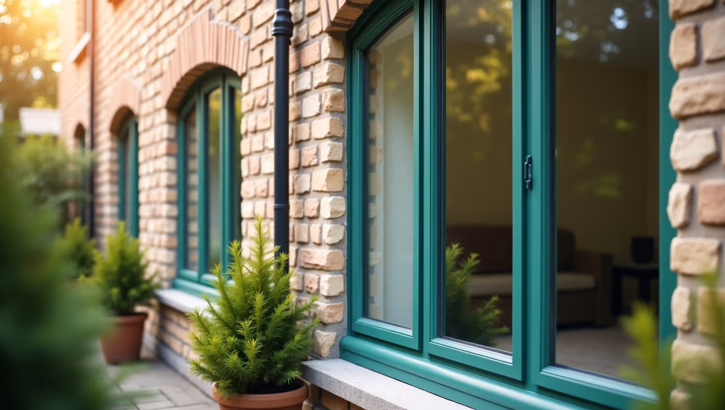  A row of green-framed windows and a glass door on a brick building, with small evergreen plants in the foreground.