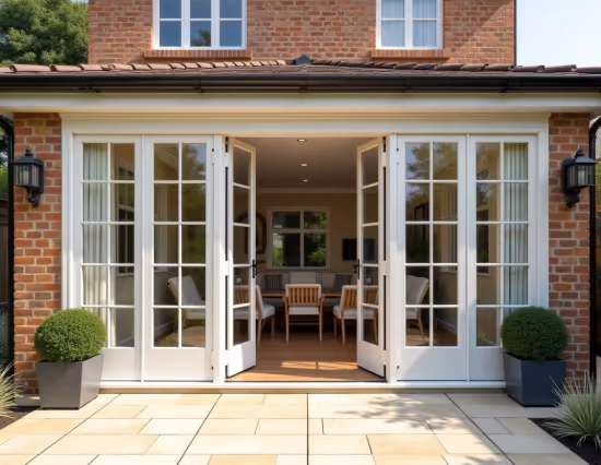  A large set of white bifold doors with multiple glass panes, resembling Georgian style, opens onto a light-colored patio or floor.