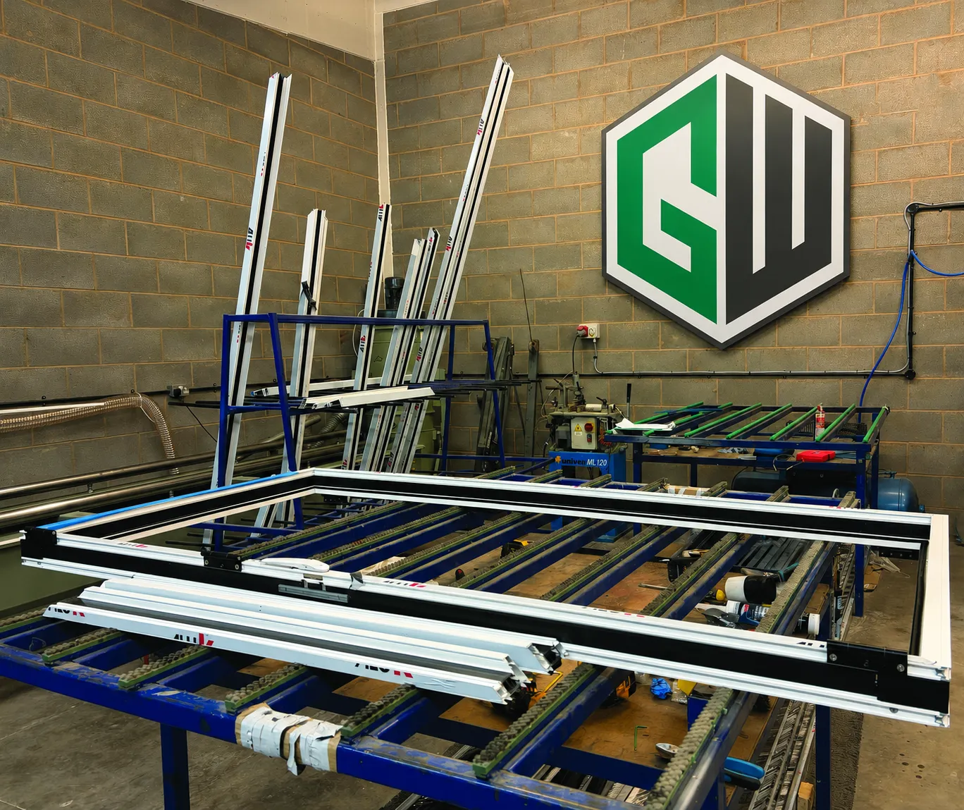 Aluminium bifold door frame assembly at the Glazed Windows Ltd Birmingham workshop