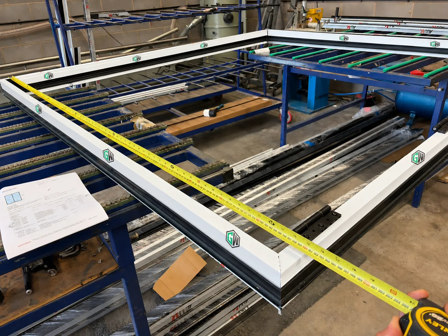 Aluminium bifold door frame assembly at the Glazed Windows Ltd Birmingham workshop
