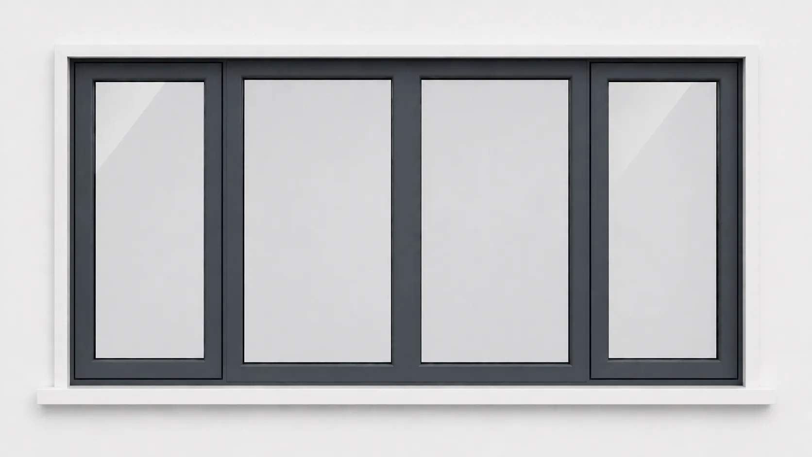 White-framed bay windows with closed curtains, offering a glimpse of a sofa in a residential living room.