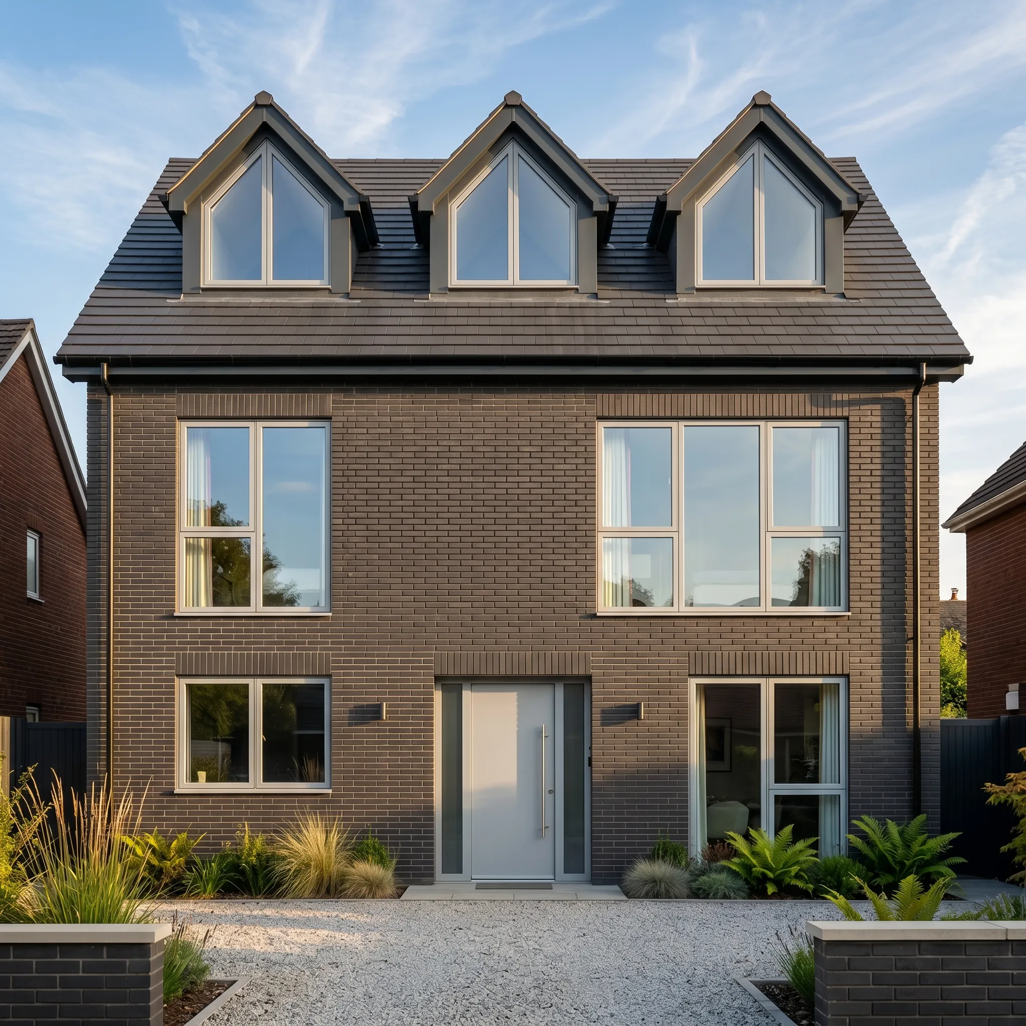 Modern dark brick house featuring light grey casement windows and matching front door.