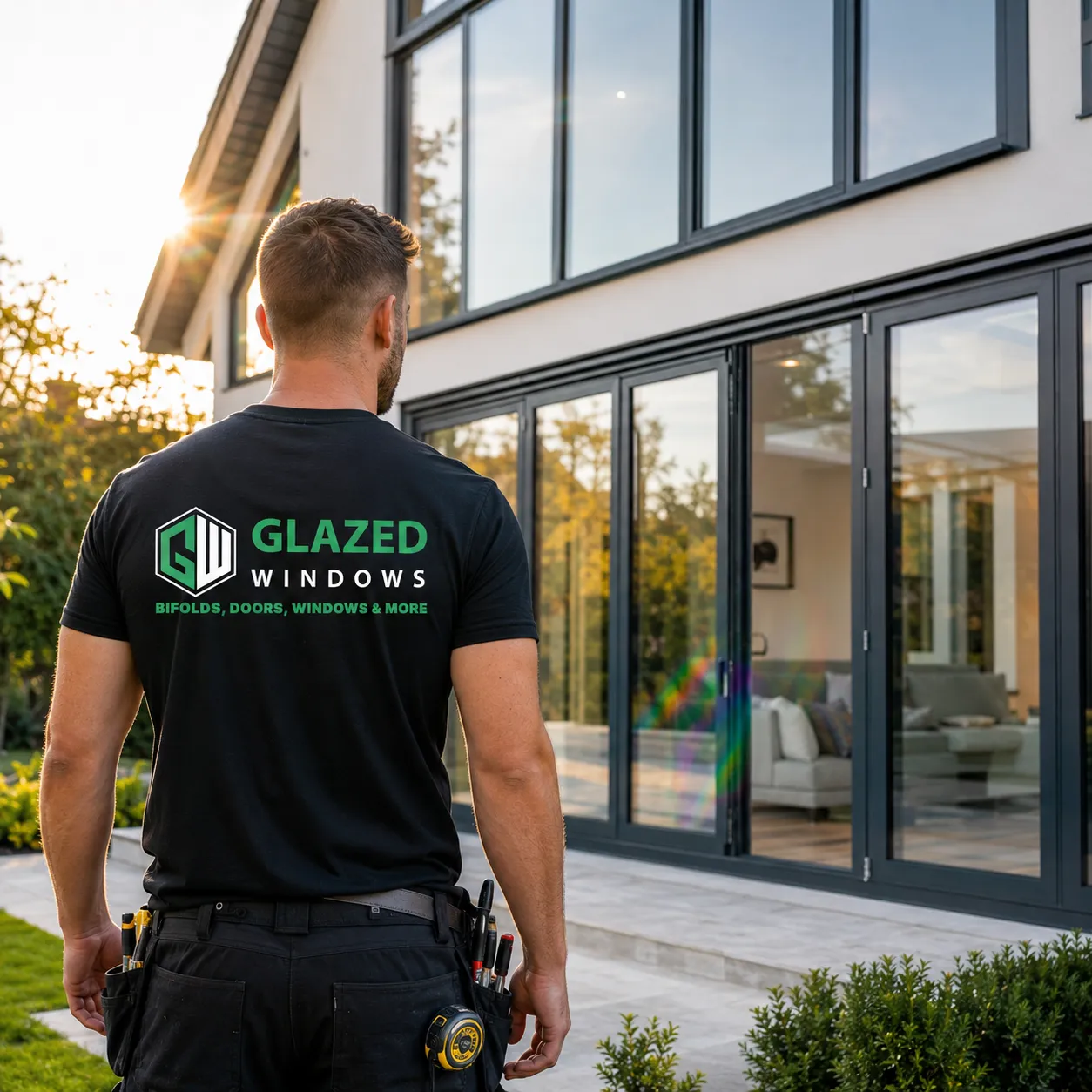 A contractor in a branded "Glazed Windows" shirt standing in front of large glass bifold doors.