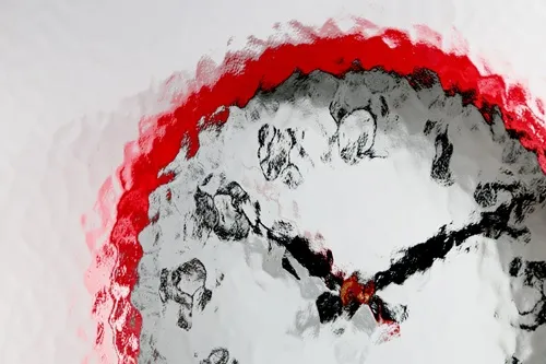 A red wall clock behind mildly textured, blurry glass.