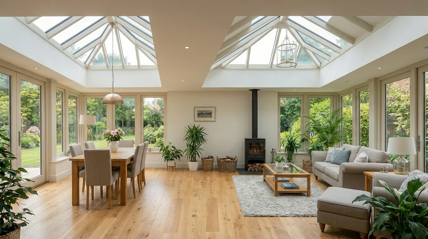 Spacious living and dining room with dual skylights, wooden floors, and a fireplace.