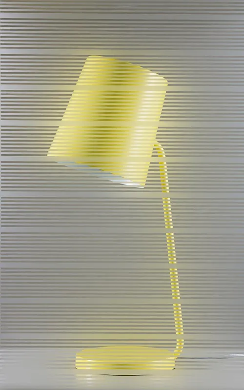 A yellow desk lamp viewed through glass with horizontal frosted stripes.