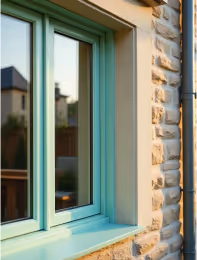 Close-up of a green-framed residential window set in a brick and stone wall.
