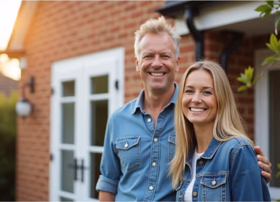 A smiling man and woman, both with light hair, stand in front of a brick house with a white door.