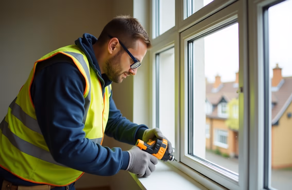  A worker in a yellow safety vest and glasses uses a power drill on a white window frame, with houses visible outside.