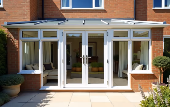  A close-up of dark-framed bifold doors with glass panels, partially open to reveal a white wall.