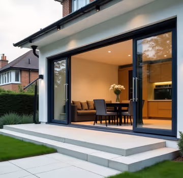 Dark-framed sliding patio doors open to a modern living and dining area with a brown sofa, a dark dining table with chairs, and a kitchen visible in the background.