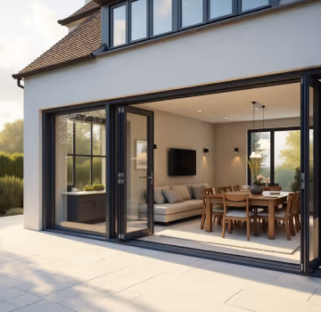 A modern residential building with a dark gray facade featuring large, dark-framed sliding glass doors.