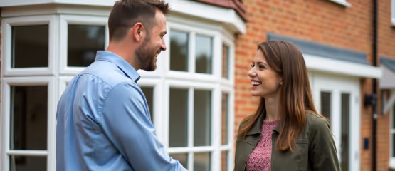 A smiling man in a blue shirt faces a smiling woman in a green jacket outside a brick house with white-framed bay windows.