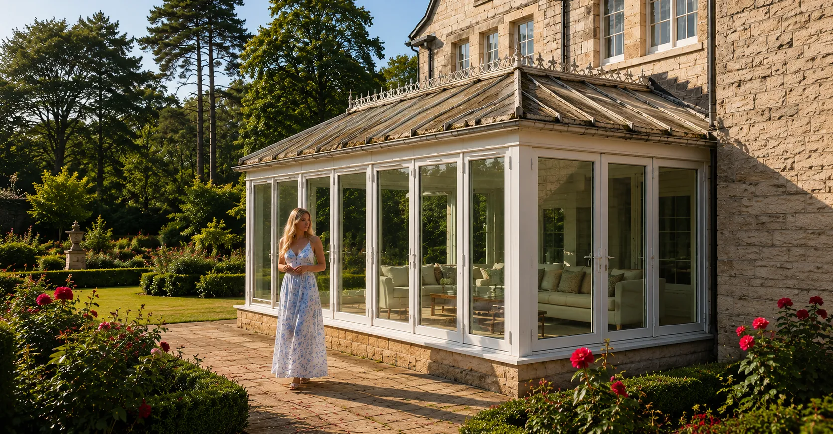 Woman in a white dress standing in a garden beside a sunroom extension.