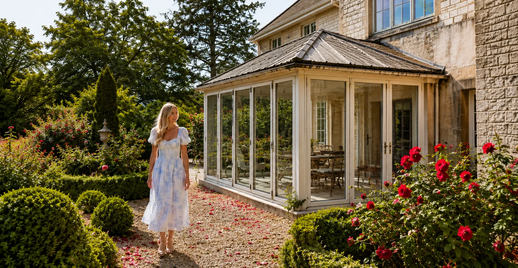 Woman in a white dress walking through a garden beside a sunroom extension.