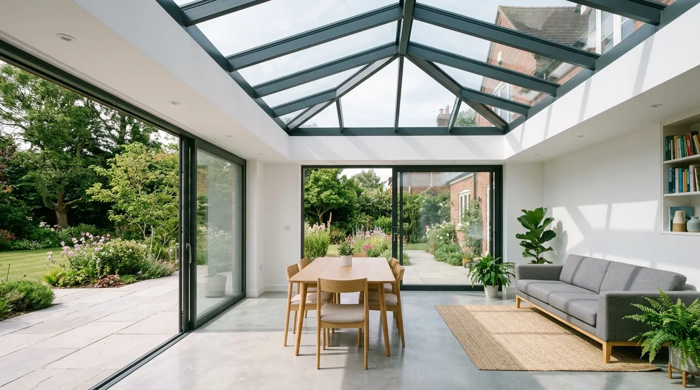 Bright living room and dining area with a glass roof lantern and sliding doors opening to a garden.