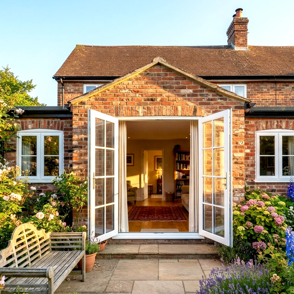 White uPVC French doors open onto the cottage garden of a UK brick home