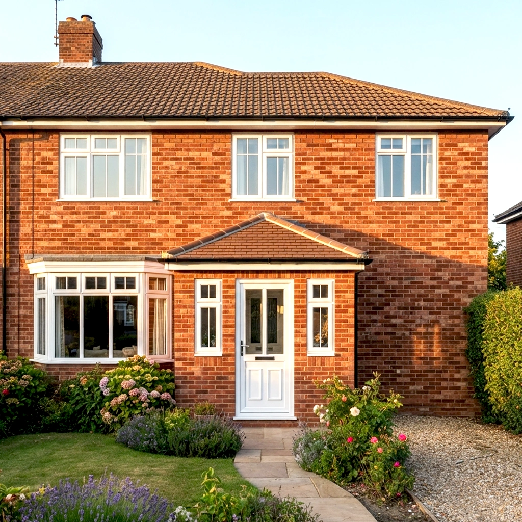 Brick porch with white uPVC windows and a half-glazed door on a UK semi-detached house