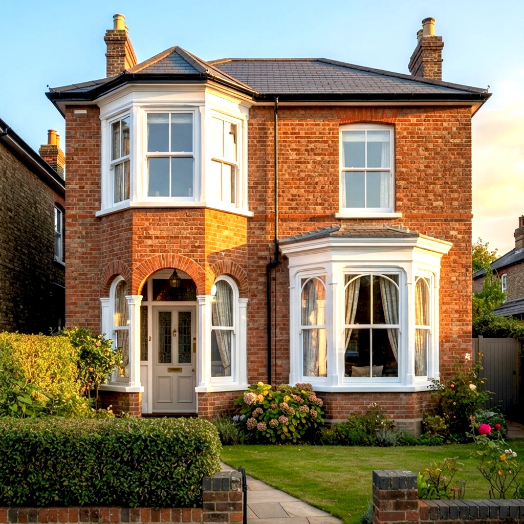 Sculpted uPVC bay window on an Edwardian UK brick house at golden hour