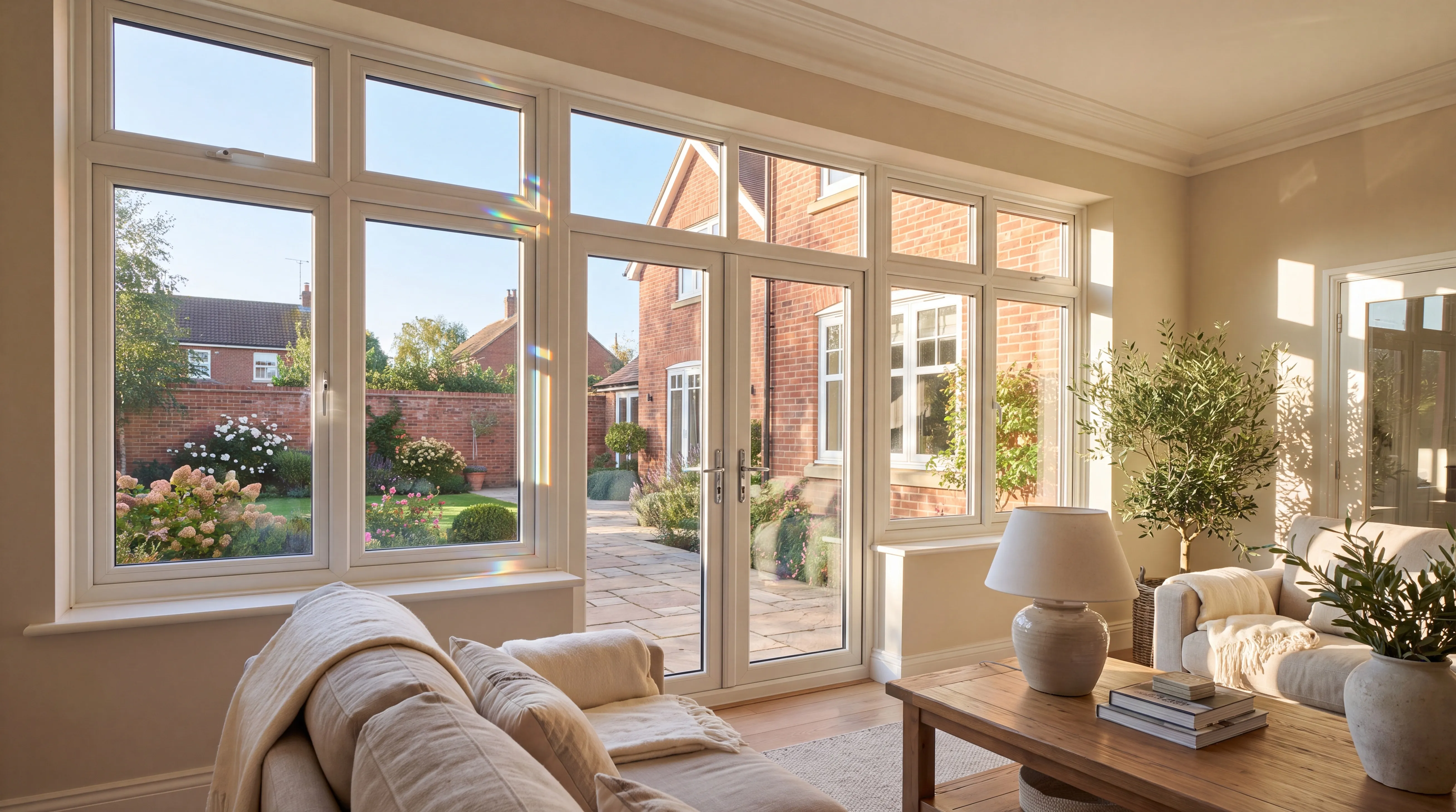 Living room with large garden windows.