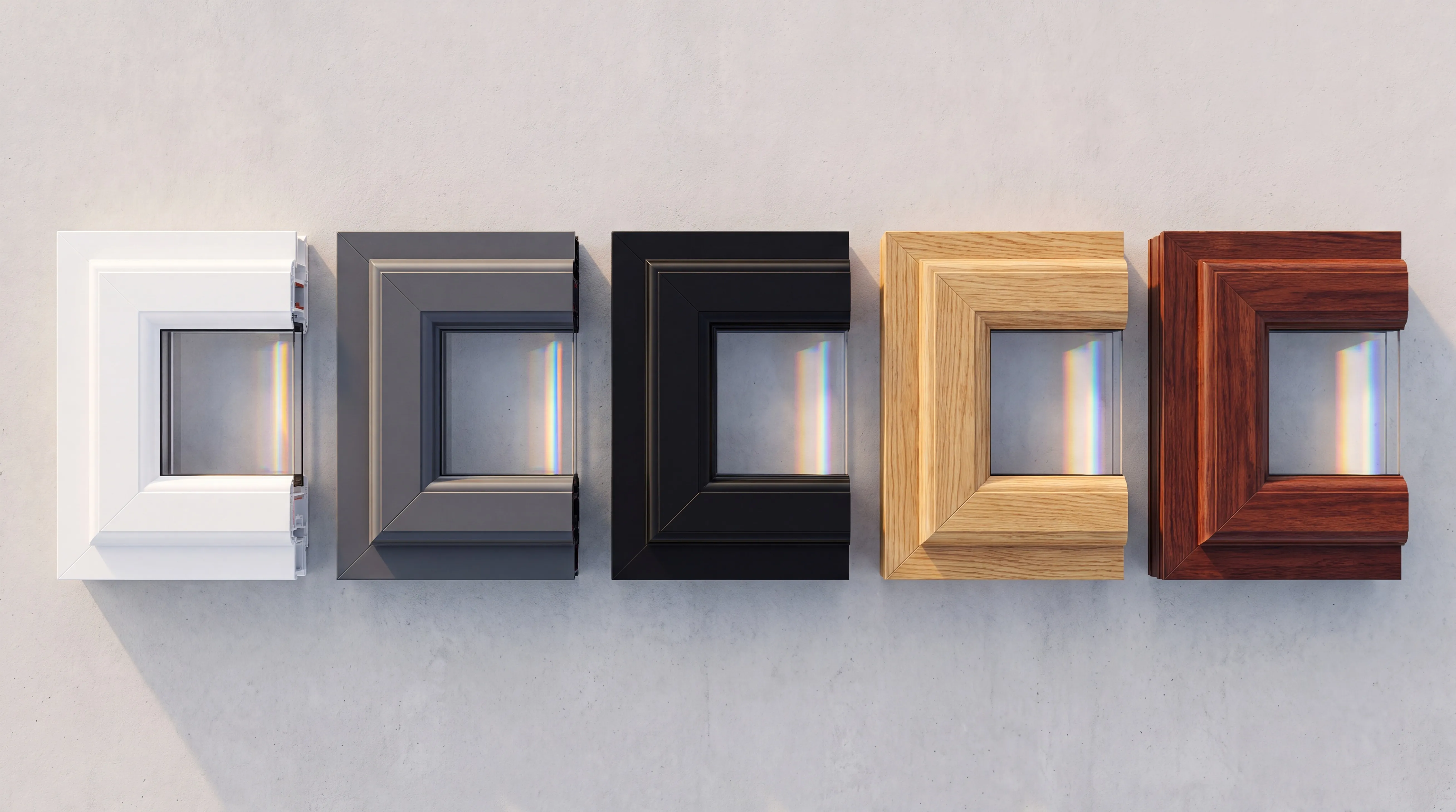 Five uPVC frame samples side by side: white, anthracite grey, black, light oak and mahogany woodgrain.